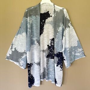Marla Wynn Kimono Cardigan Women XL Lagenlook Duster Beachy Nautical Blue White